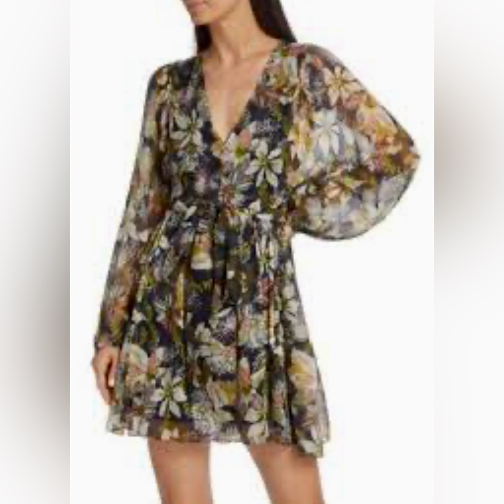 Tanya Taylor Long Sleeve Vivaria Floral Print Linen/Silk Sash-Tie Mini Dress ZB6